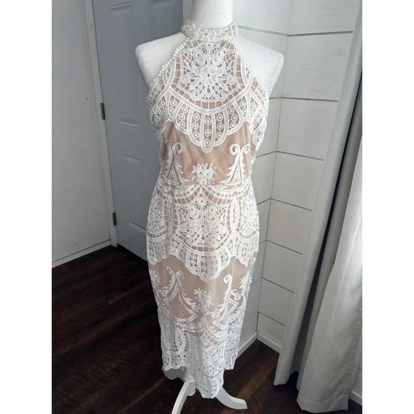 Lulus Dress Womens Medium White‎ Lace Nude Lined Halter Midi Cocktail Bridal - Picture 4 of 10
